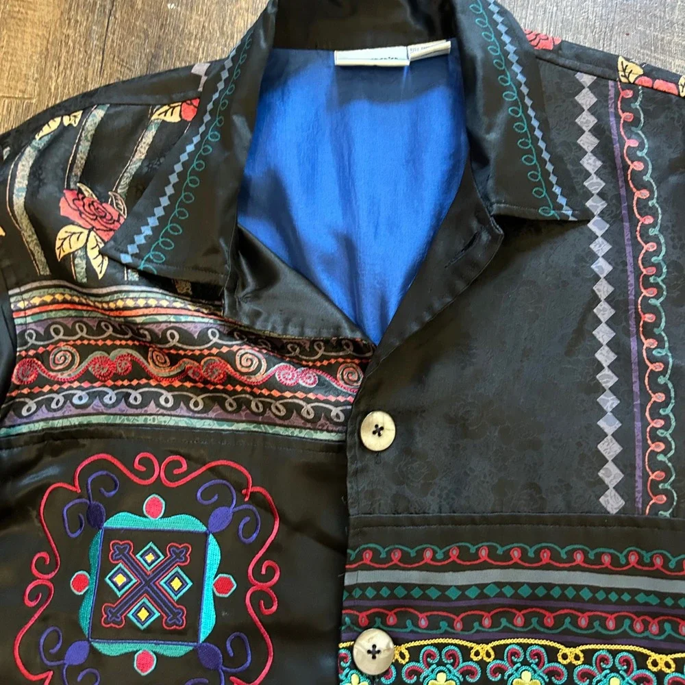 Chicos Design Vintage Silk Embroidered Jacquard Jacket Black Floral Boho Size 1